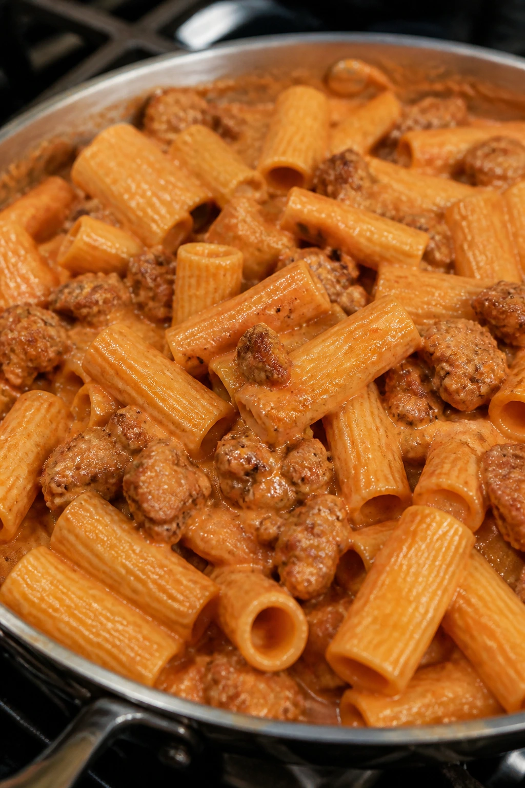 Close-up of vodka sauce rigatoni with sausage in a pan on a kitchen stove