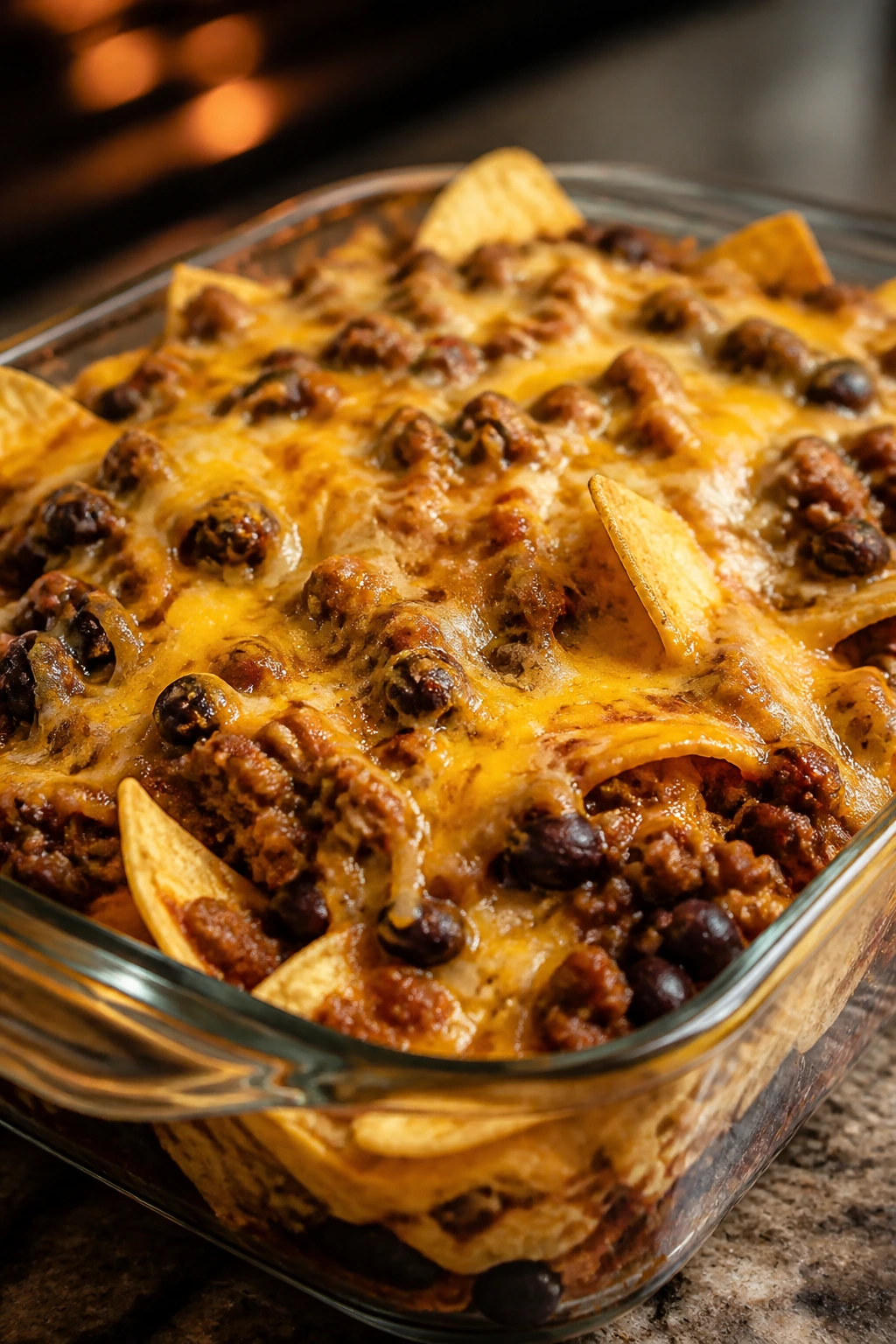 Close-up of walking taco casserole in a baking dish