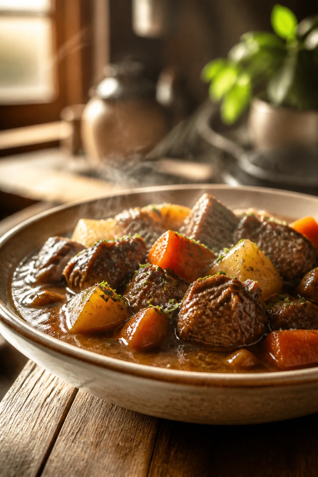 Close-up of a steaming hearty beef stew on a rustic wooden table