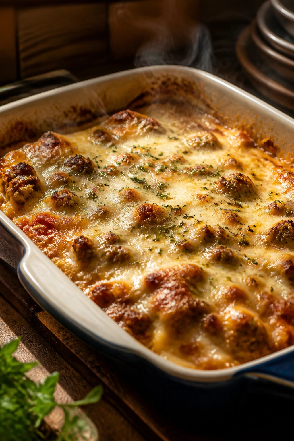 Close-up of bubbling weeknight casserole in baking dish on kitchen counter