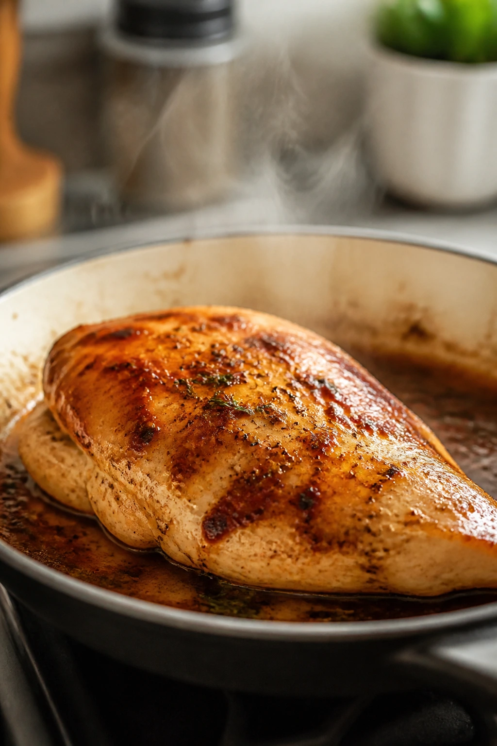 Close-up of a pan-seared chicken breast in a bright kitchen with steam