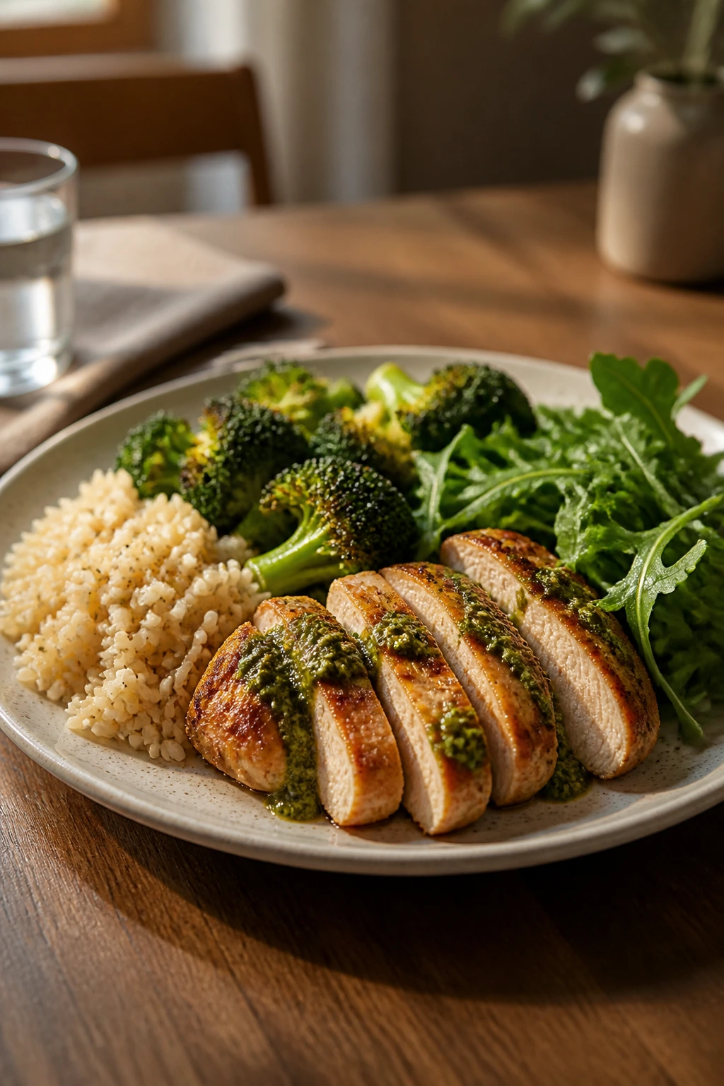 Close-up of a simple five-component dinner plate on a wooden table in natural light.