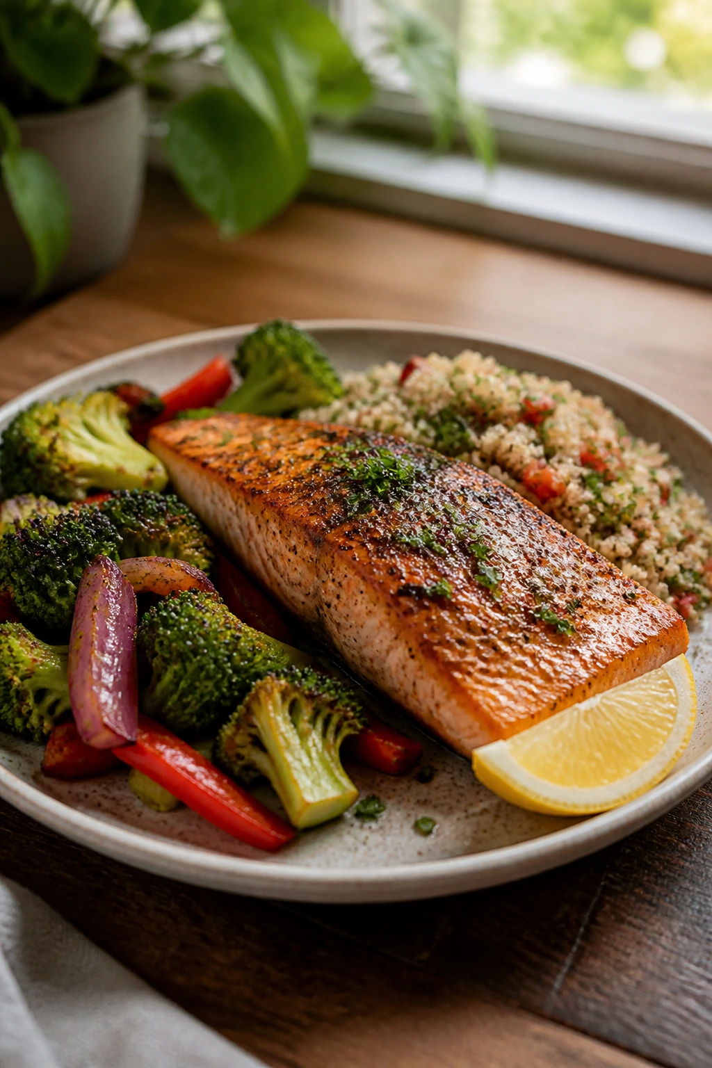 Close-up of a plated healthy dinner on a rustic wooden table in a warm kitchen