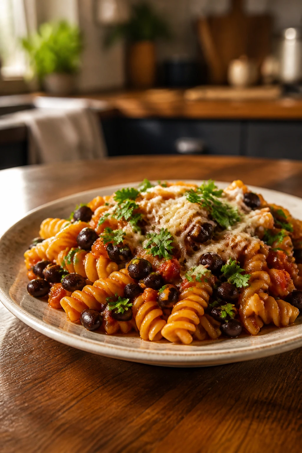 Plate with a simple, balanced weeknight dinner on a wooden table