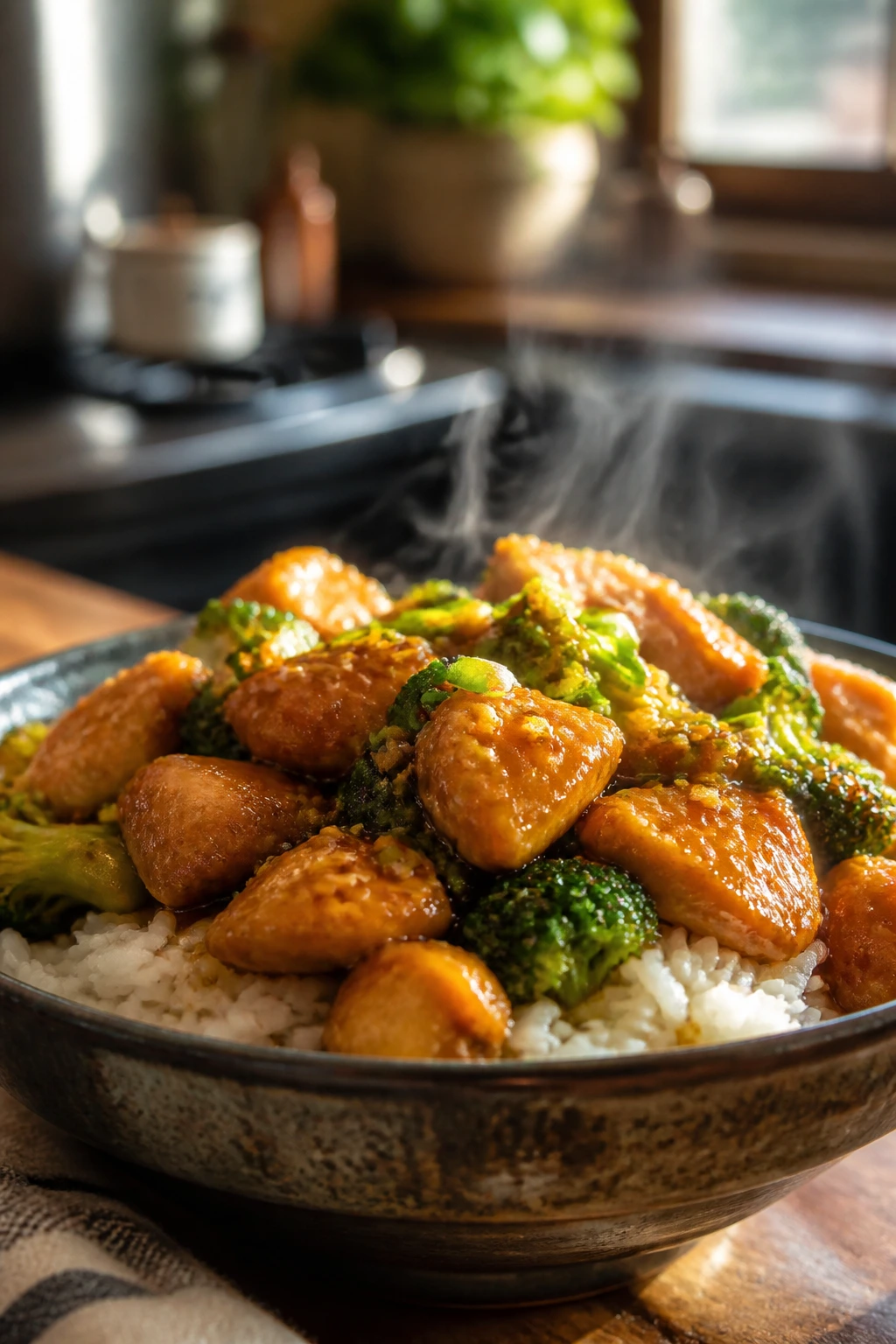 Close-up of a glossy garlic-ginger chicken stir-fry over jasmine rice with broccoli