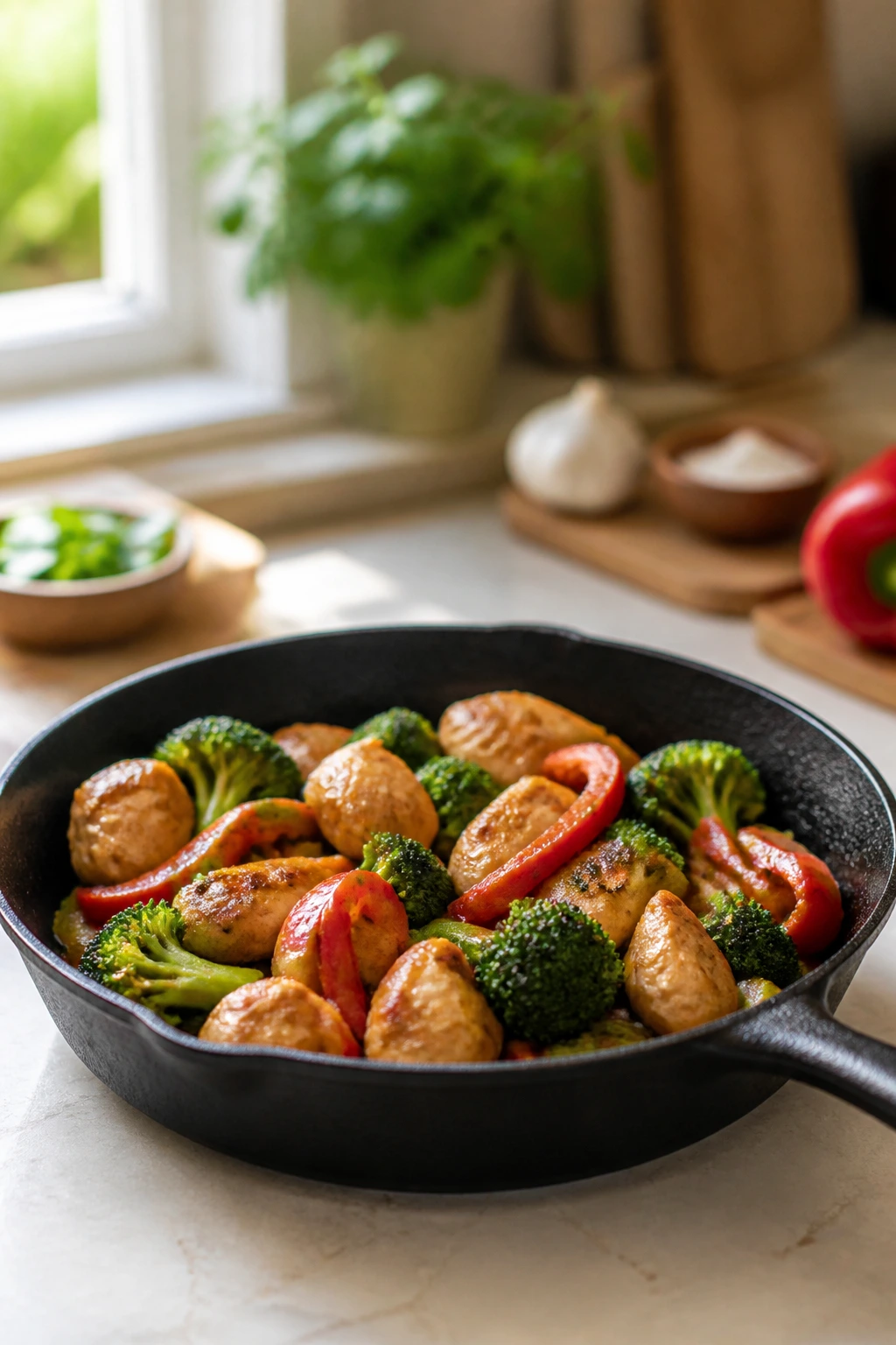 Close-up of a simple weeknight dinner in a skillet on a kitchen counter