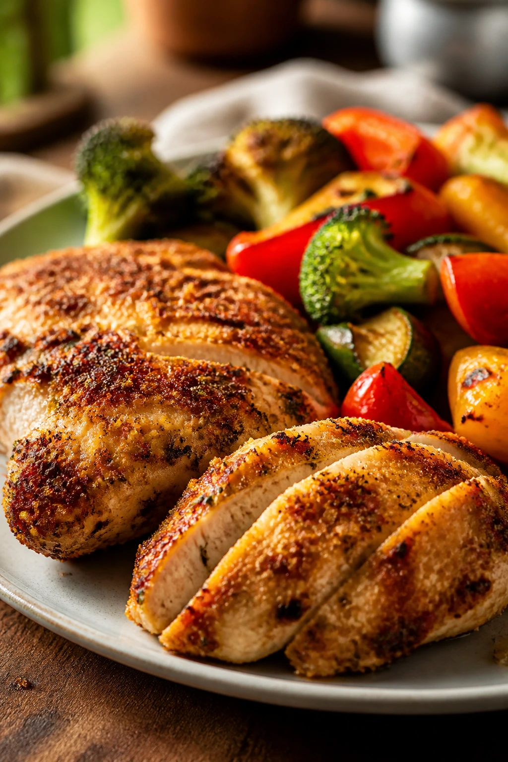 Close-up plate of a complete weeknight dinner with crispy textures and colorful vegetables on a rustic kitchen counter