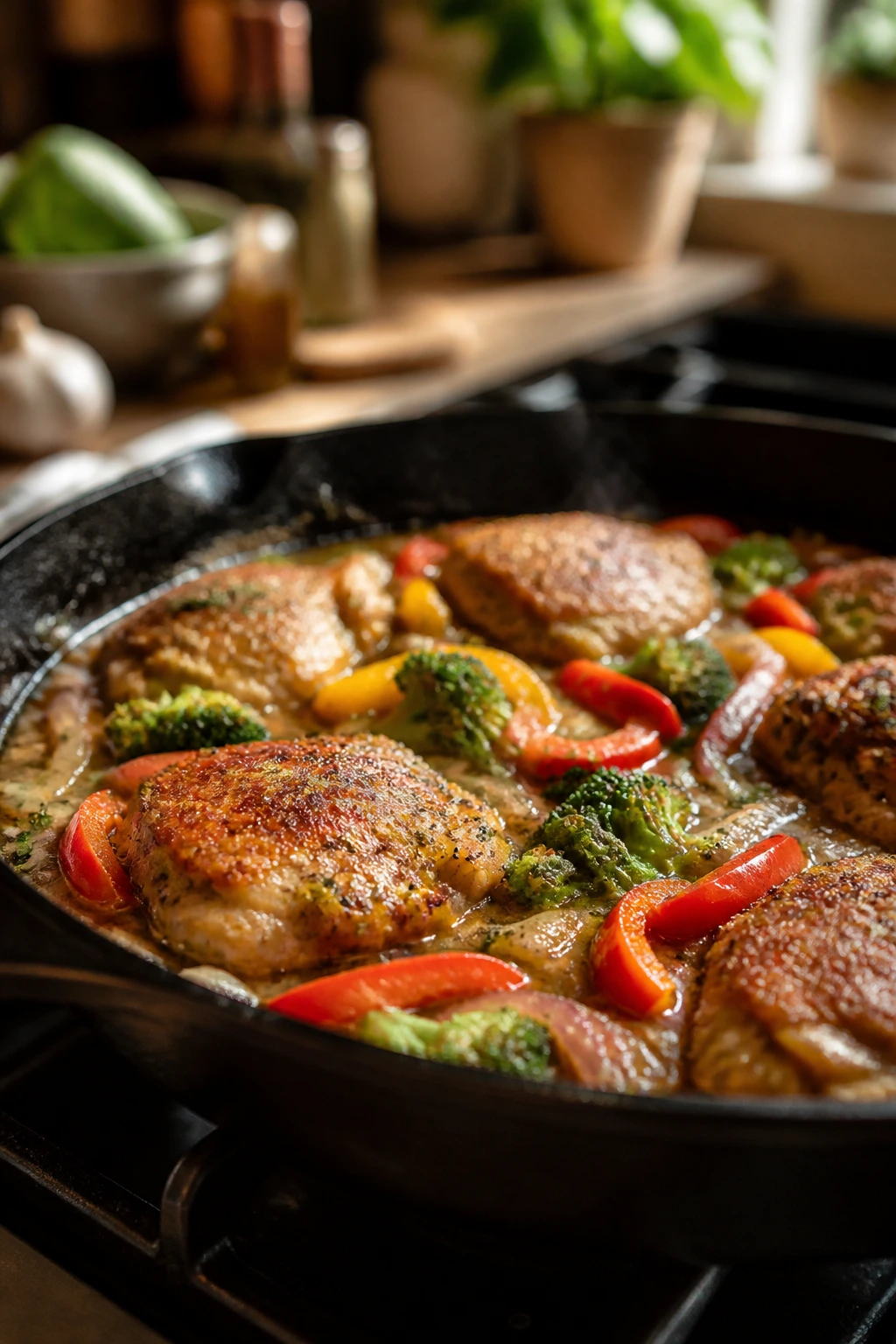 Skillet dinner bubbling on a stove in a cozy kitchen