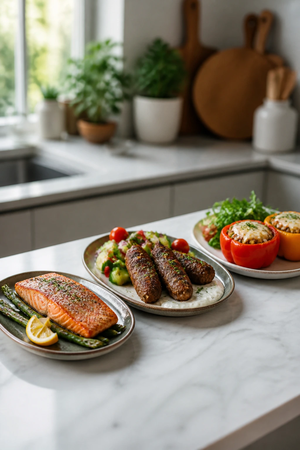 Three plated weeknight dinners on a counter representing a rotating meal plan