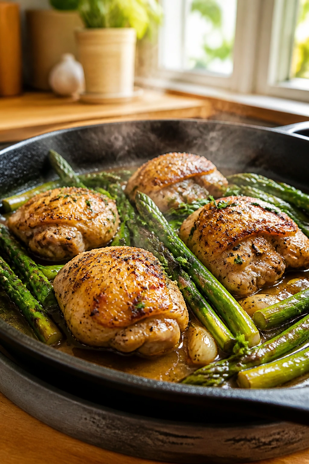 Close-up of a skillet with chicken thighs and asparagus cooking together on a wooden counter in a bright kitchen