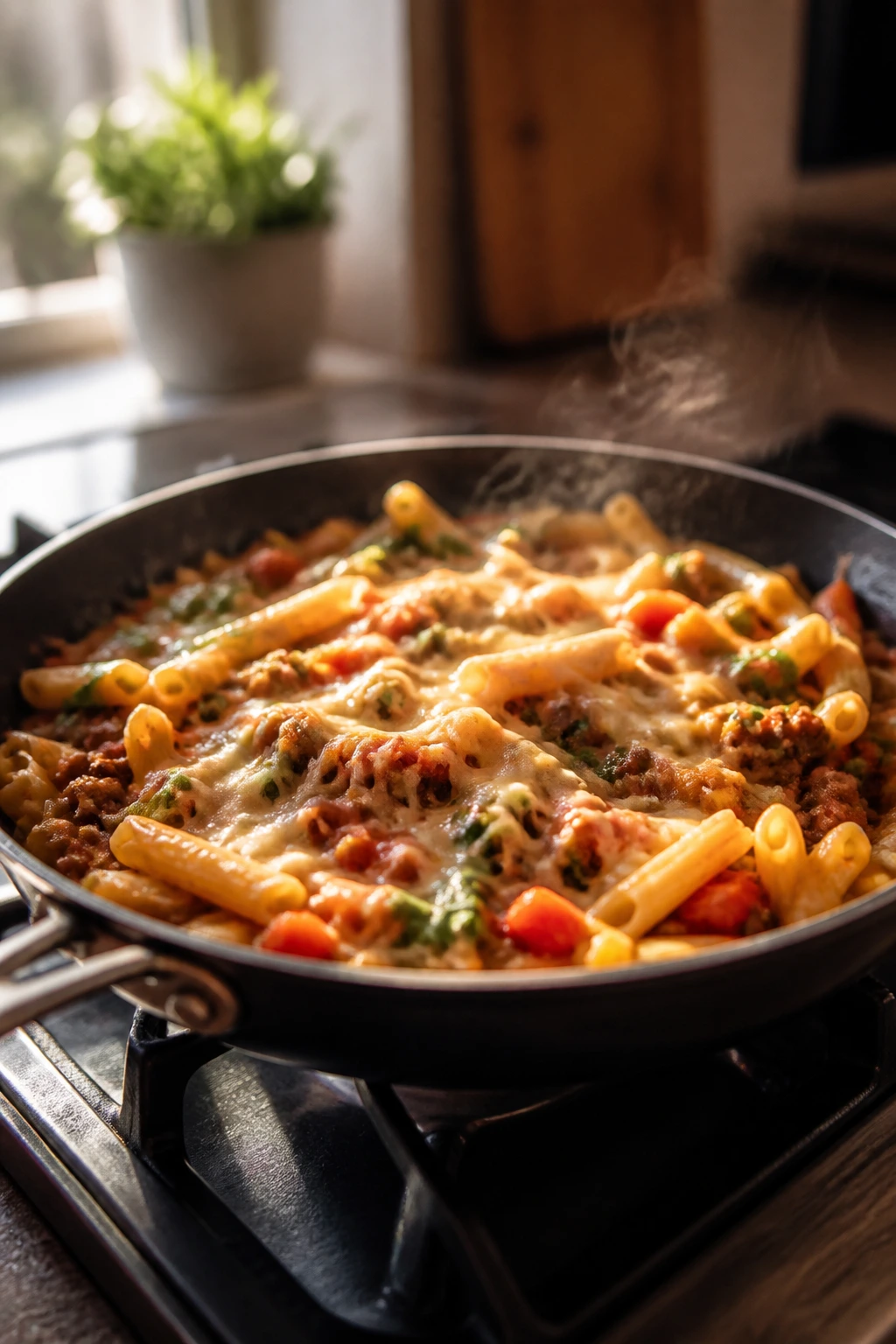 Calm kitchen with a simple weeknight dinner cooking on the stove