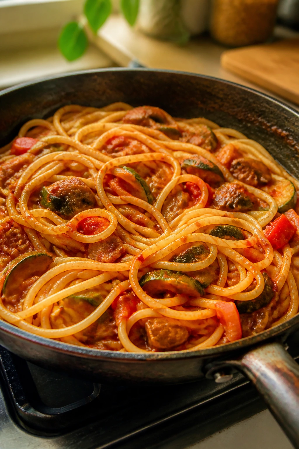 Close-up of a skillet with spaghetti in tomato sauce and vegetables cooking in a cozy kitchen