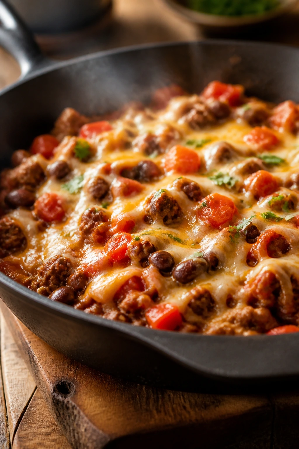 Close-up skillet weeknight dinner on rustic counter