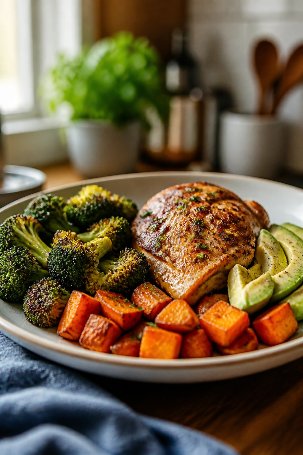 Close-up balanced weeknight Whole30 dinner plate in a cozy kitchen