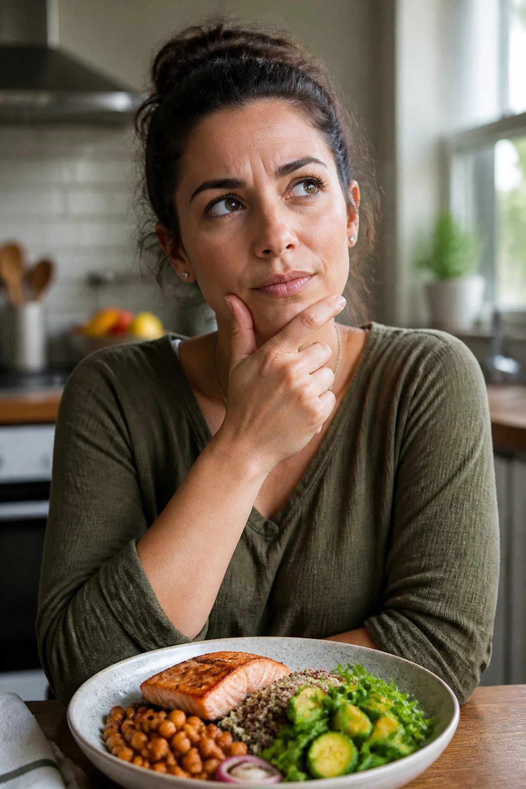 Portrait of someone pondering anti-inflammatory dinners with a healthy plate in view.
