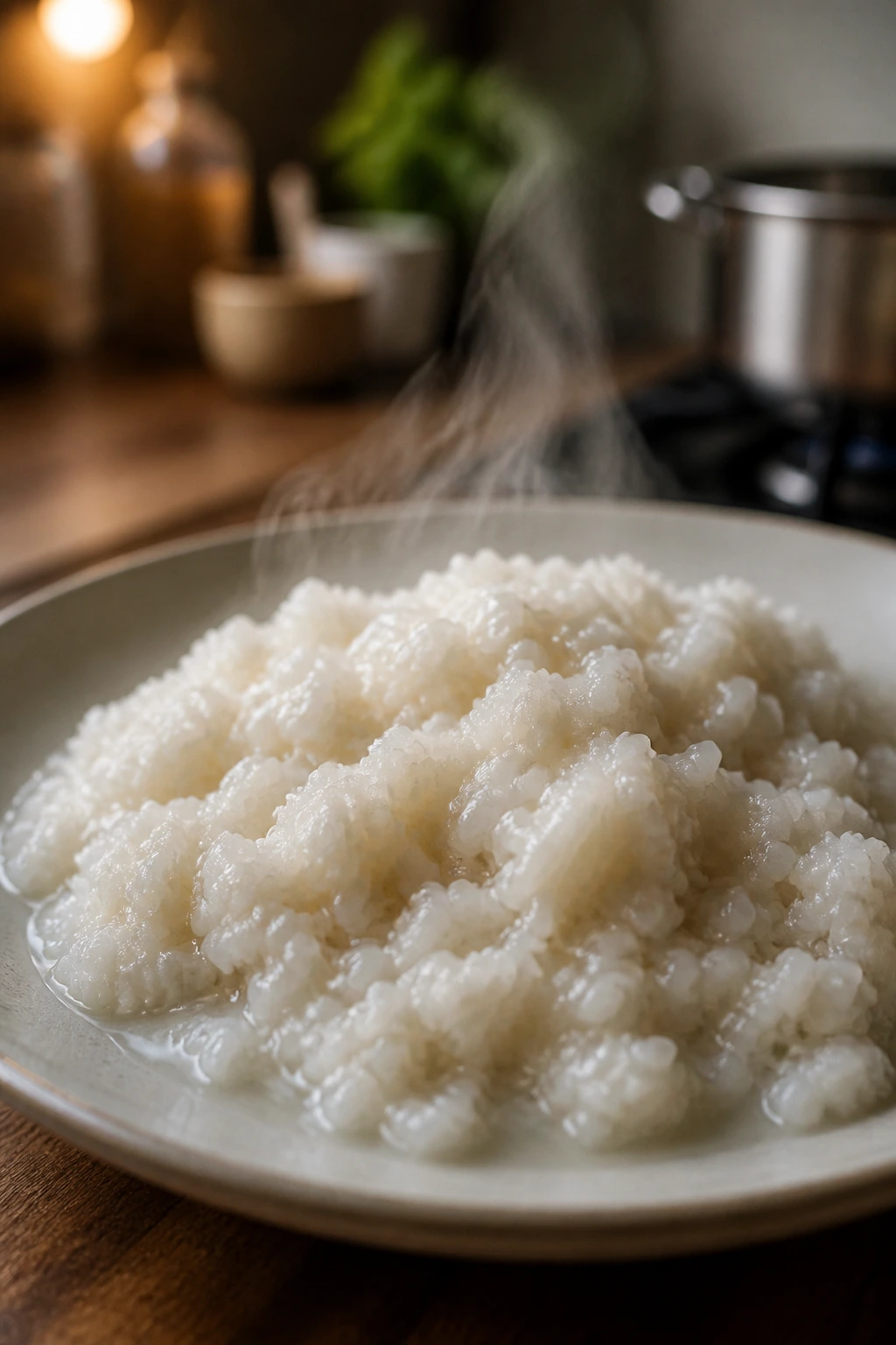 Clumpy, wet rice on plate illustrating common mistake
