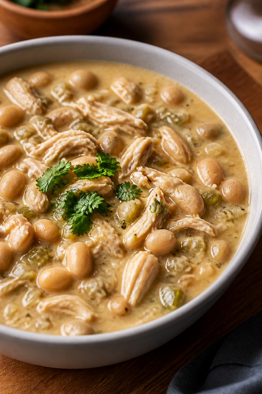 Close-up of white bean chicken chili in a bowl