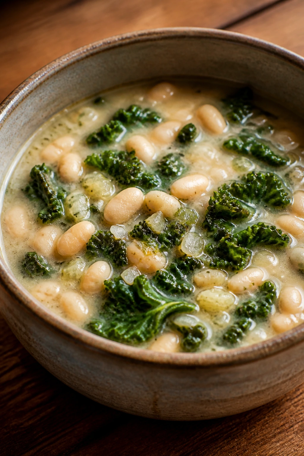 Creamy white bean and kale soup in a rustic bowl