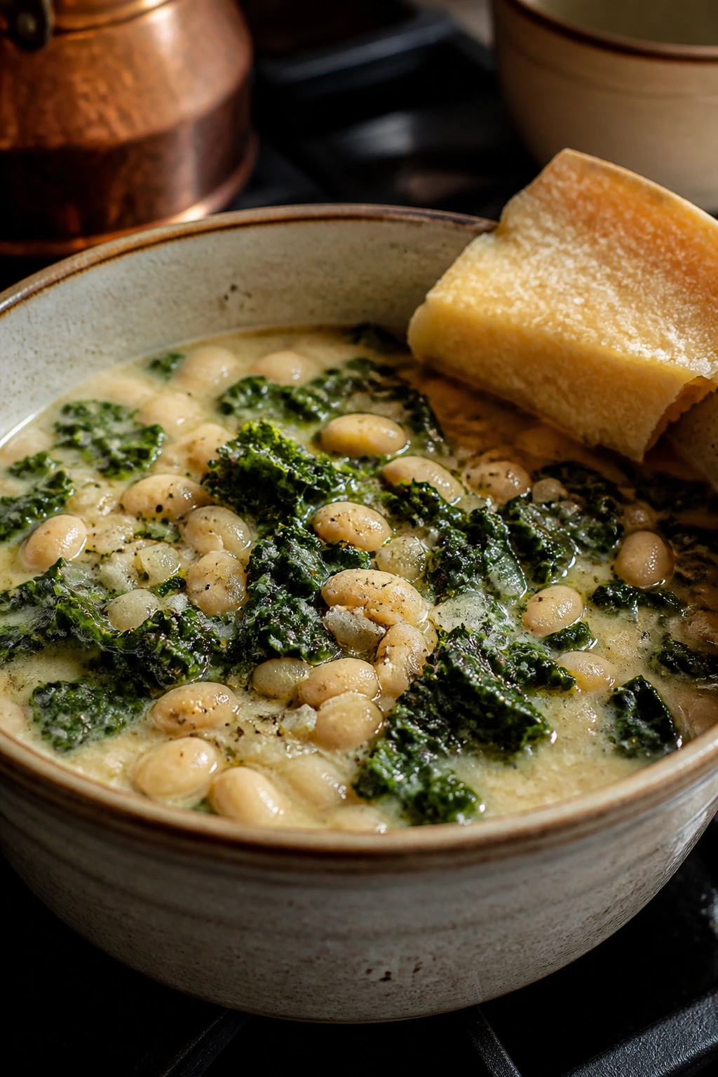 Close-up of white bean kale soup with Parmesan rind in a rustic bowl