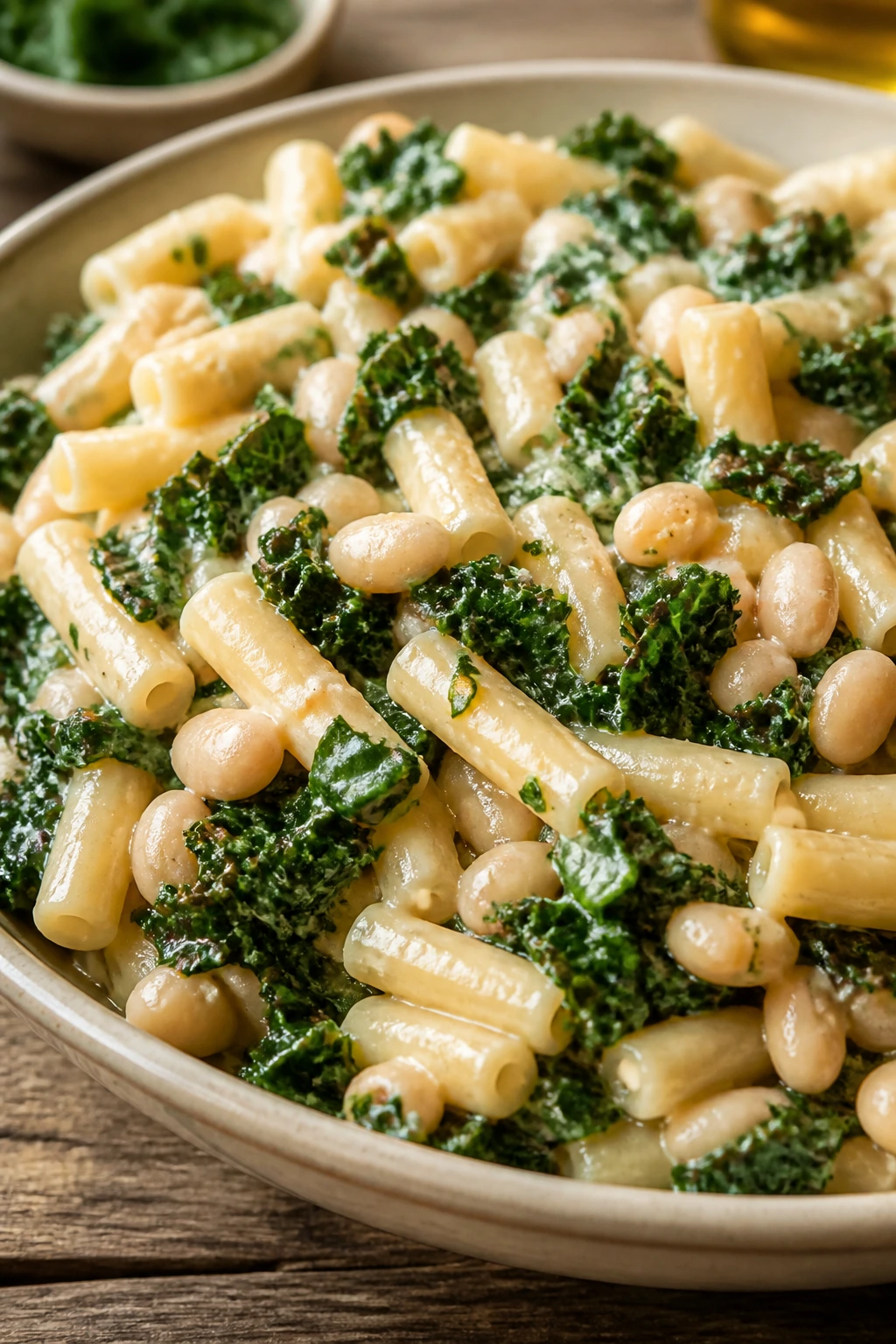 Close-up of white bean and kale pasta in a rustic bowl on a wooden table