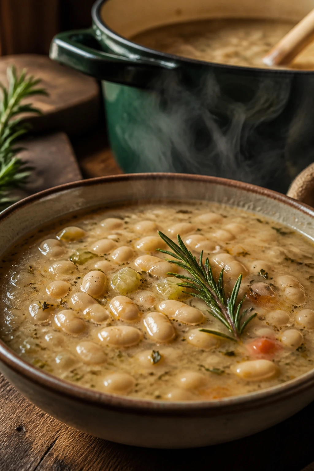 Close-up of White Bean and Rosemary Soup in a bowl