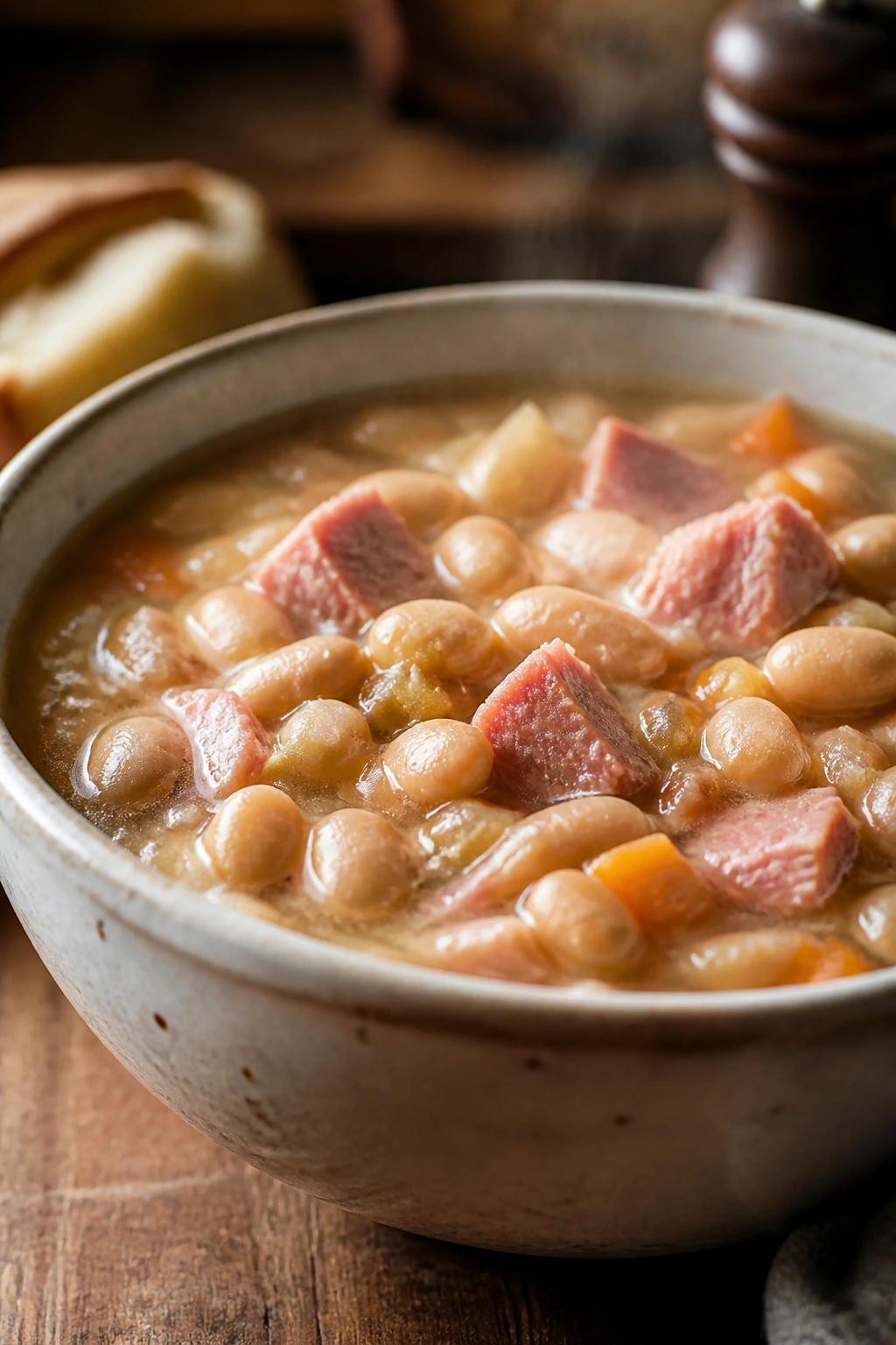 Close-up of white bean and ham soup in a bowl