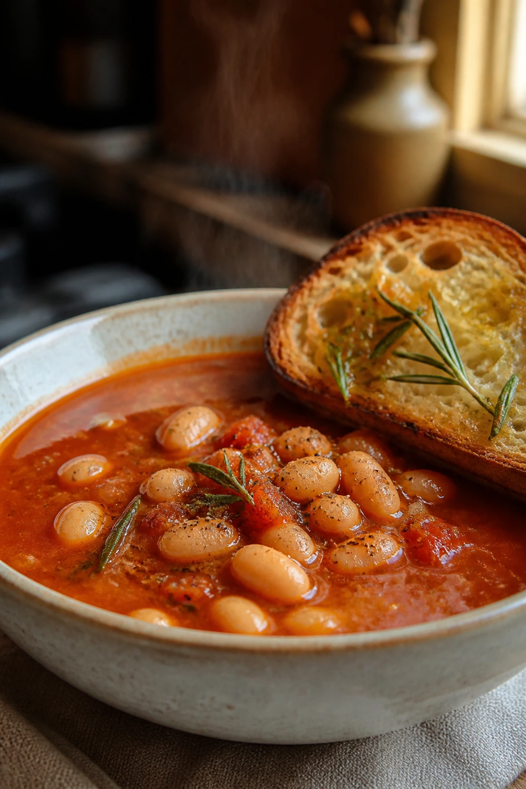 Close-up of white bean tomato soup with rosemary toast in a cozy kitchen.