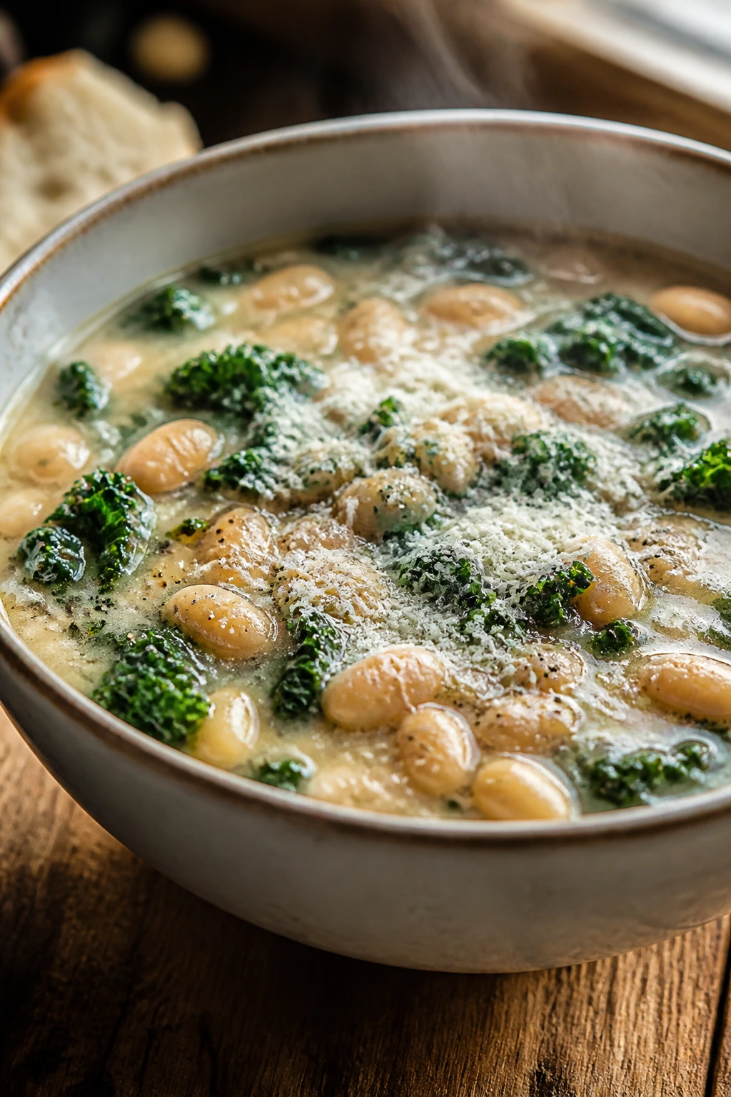 Creamy white bean soup with kale and parmesan in a deep bowl