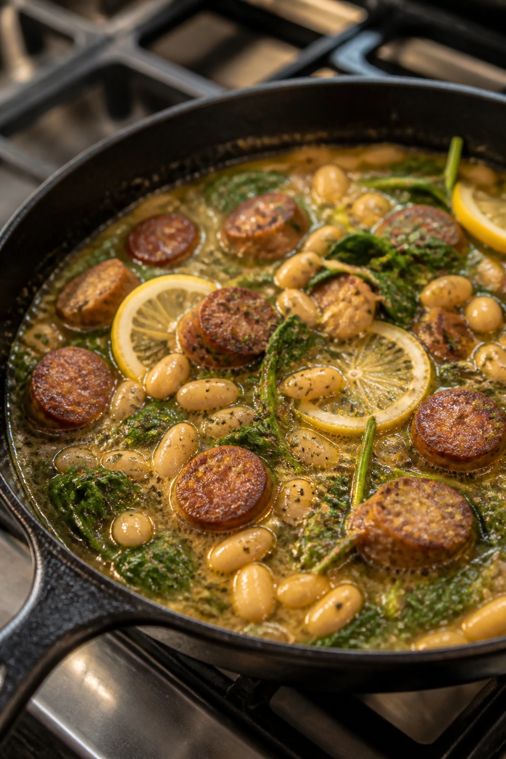 Close-up of white beans and sausage in a skillet with greens and lemon