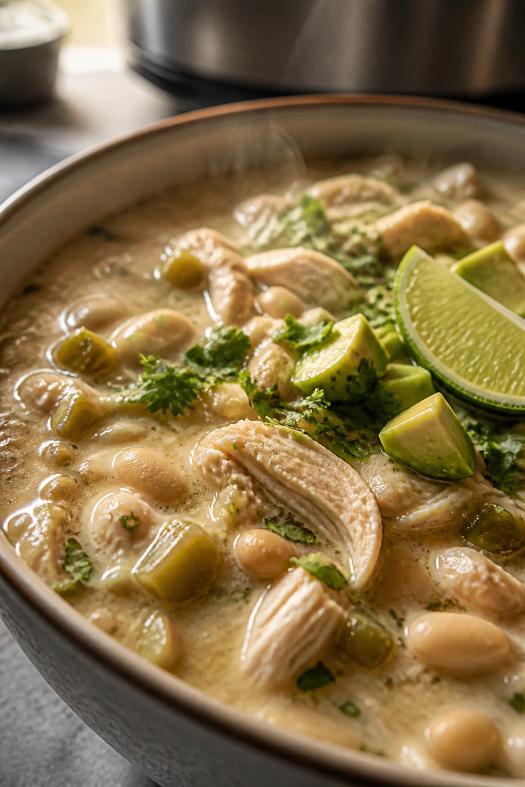Creamy white chicken chili with beans and chicken in a bowl