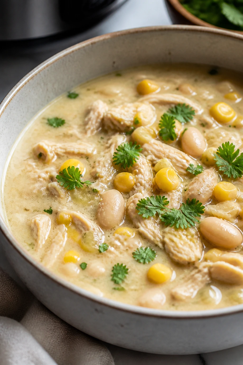 Close-up of White Chicken Chili in a bowl with beans and chicken