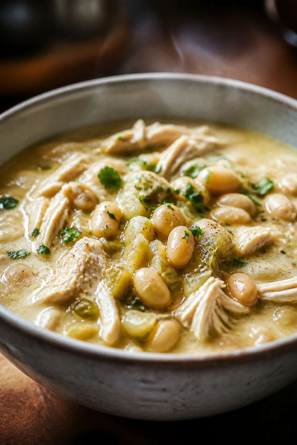 Bowl of white chicken chili in a cozy kitchen