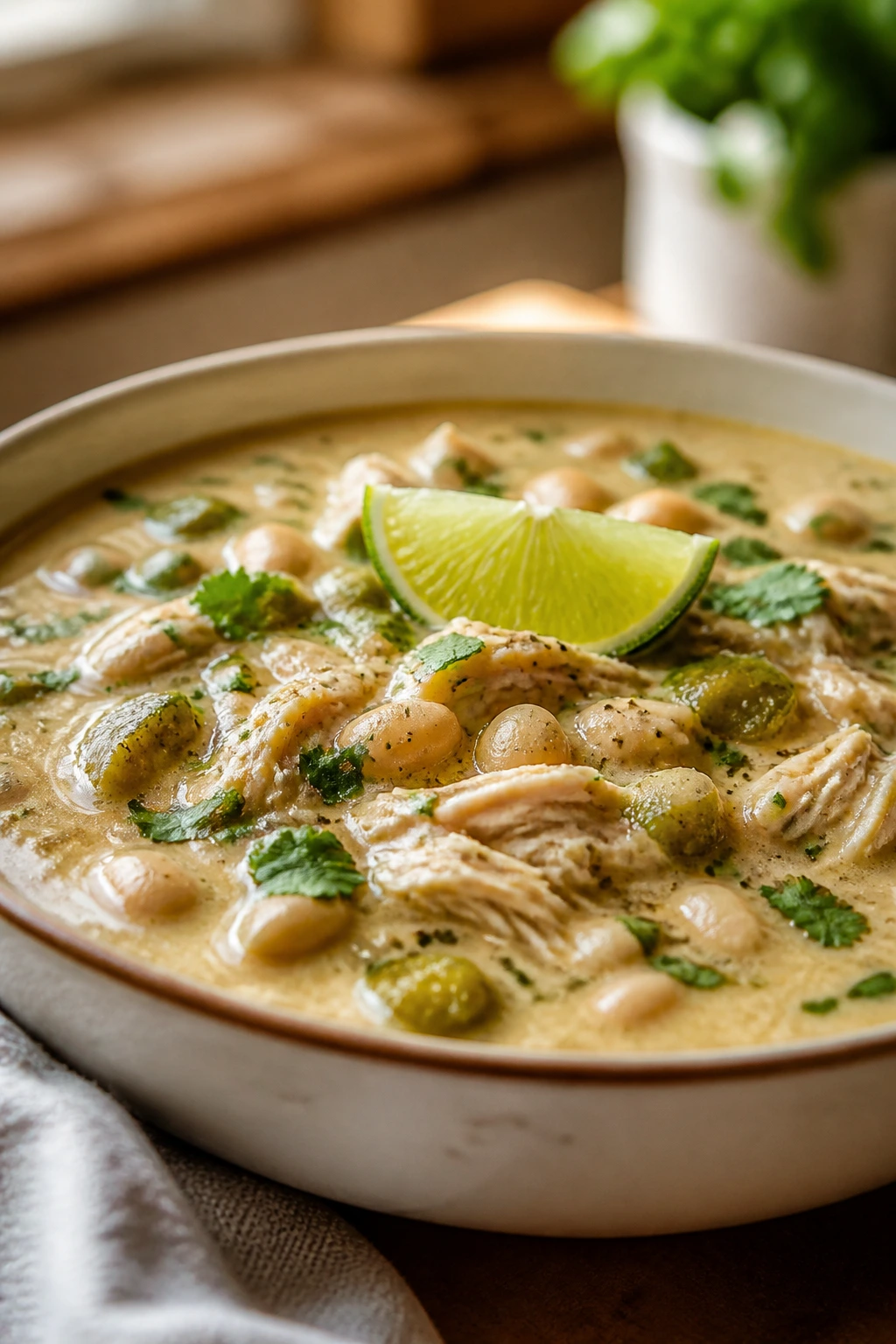 Creamy white chicken chili in a bowl with green chiles