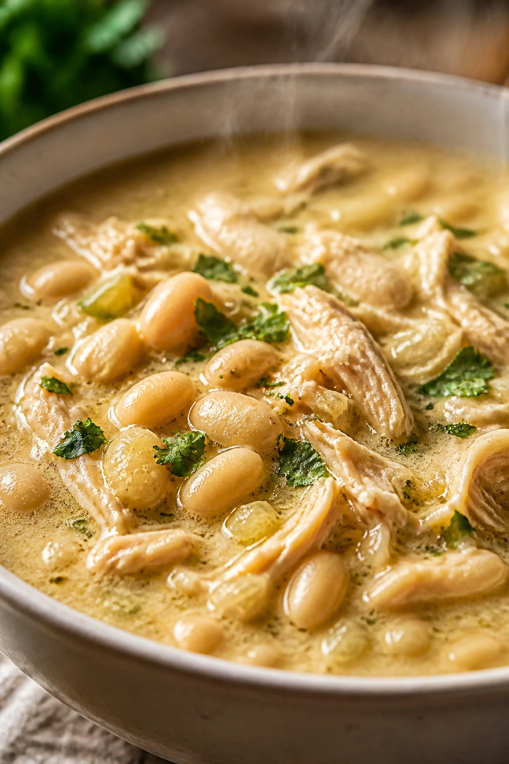 Close-up of white chicken chili in a bowl