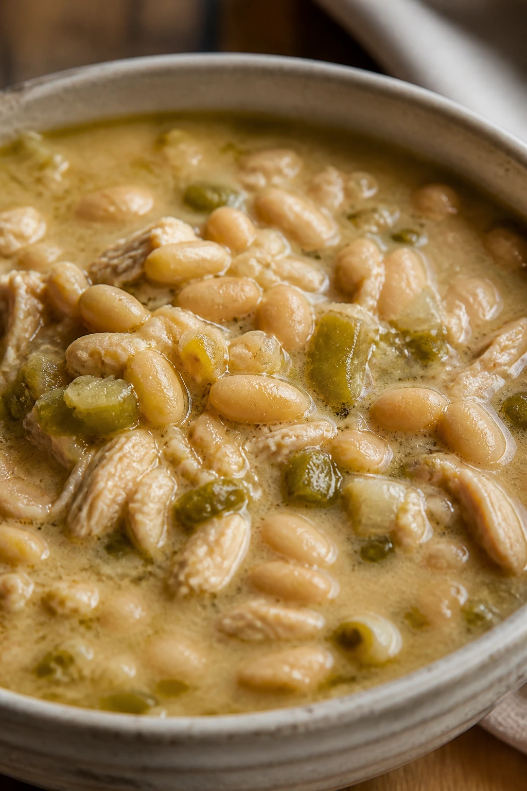 Steaming white chicken chili in a bowl dominating the frame