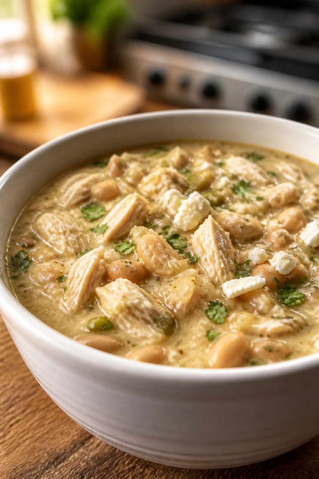 Close-up of creamy white chicken chili in a bowl with cannellini beans