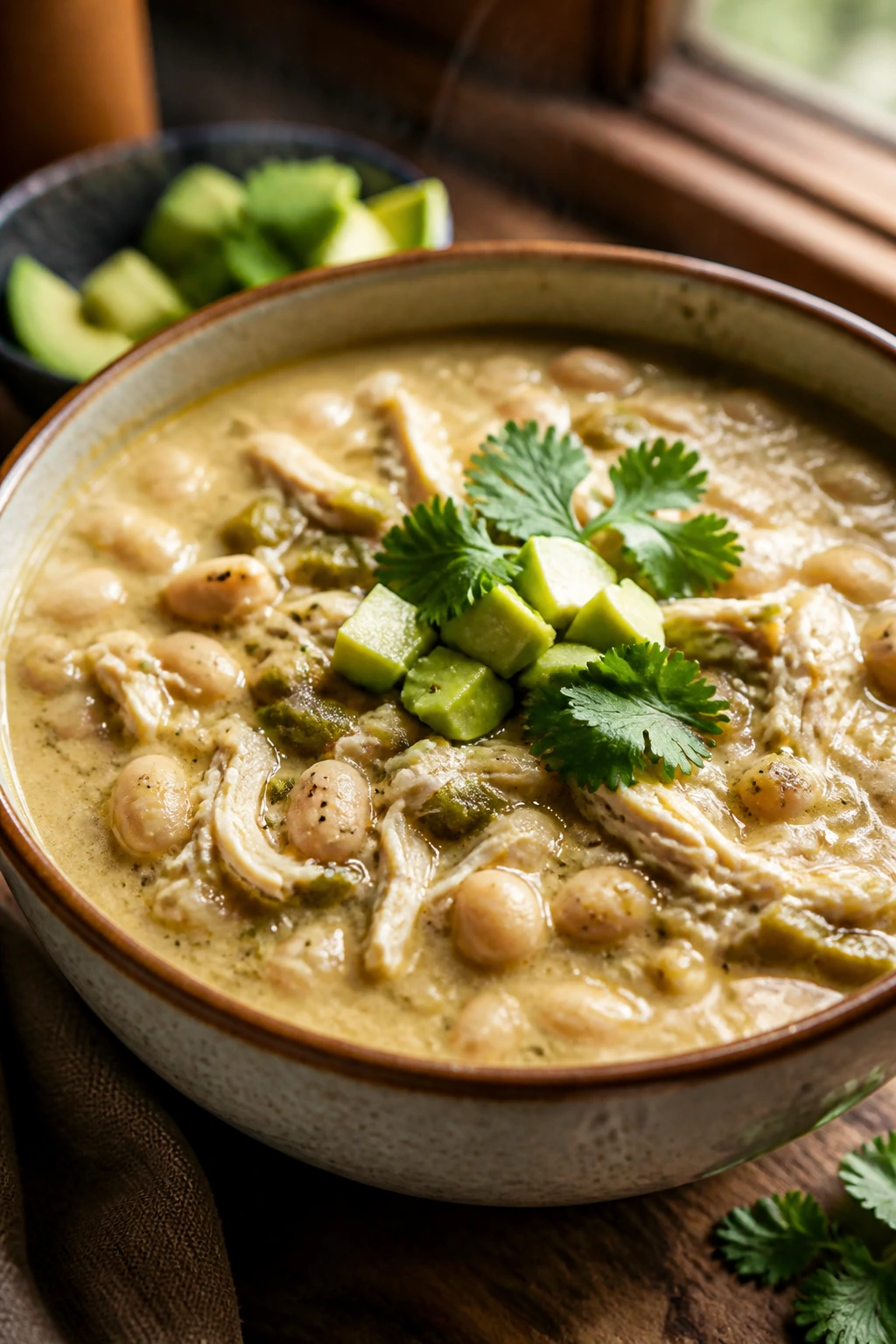 Close-up of white chicken chili with beans and green chiles in a bowl