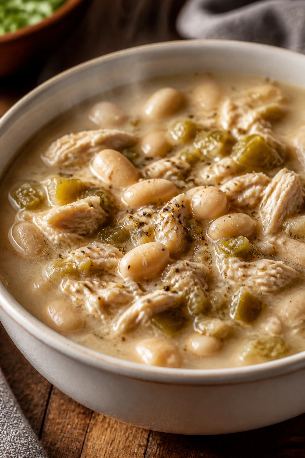 Close-up of white chicken chili with cannellini beans and green chiles