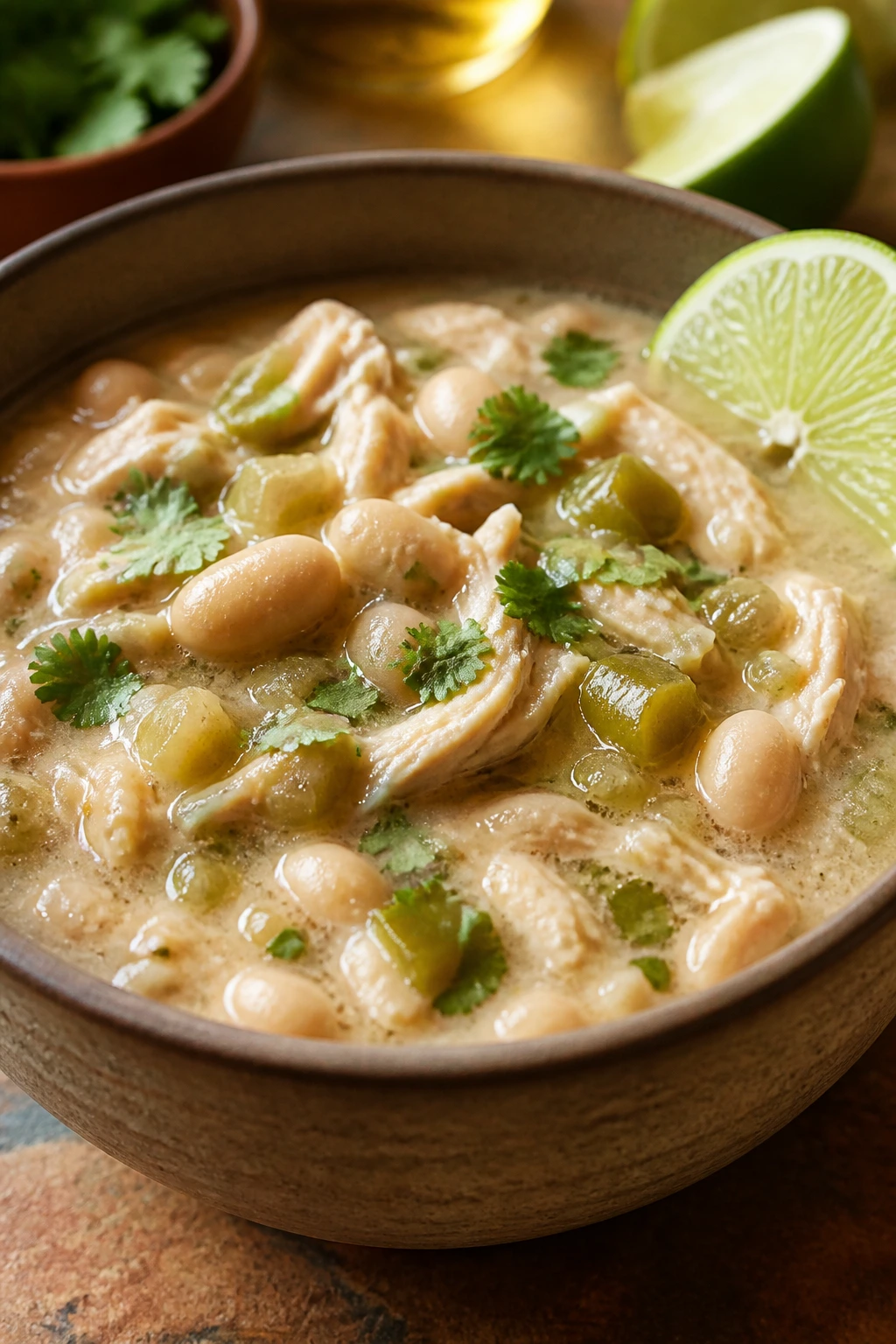 Close-up of white chicken chili with green chiles and lime in a bowl
