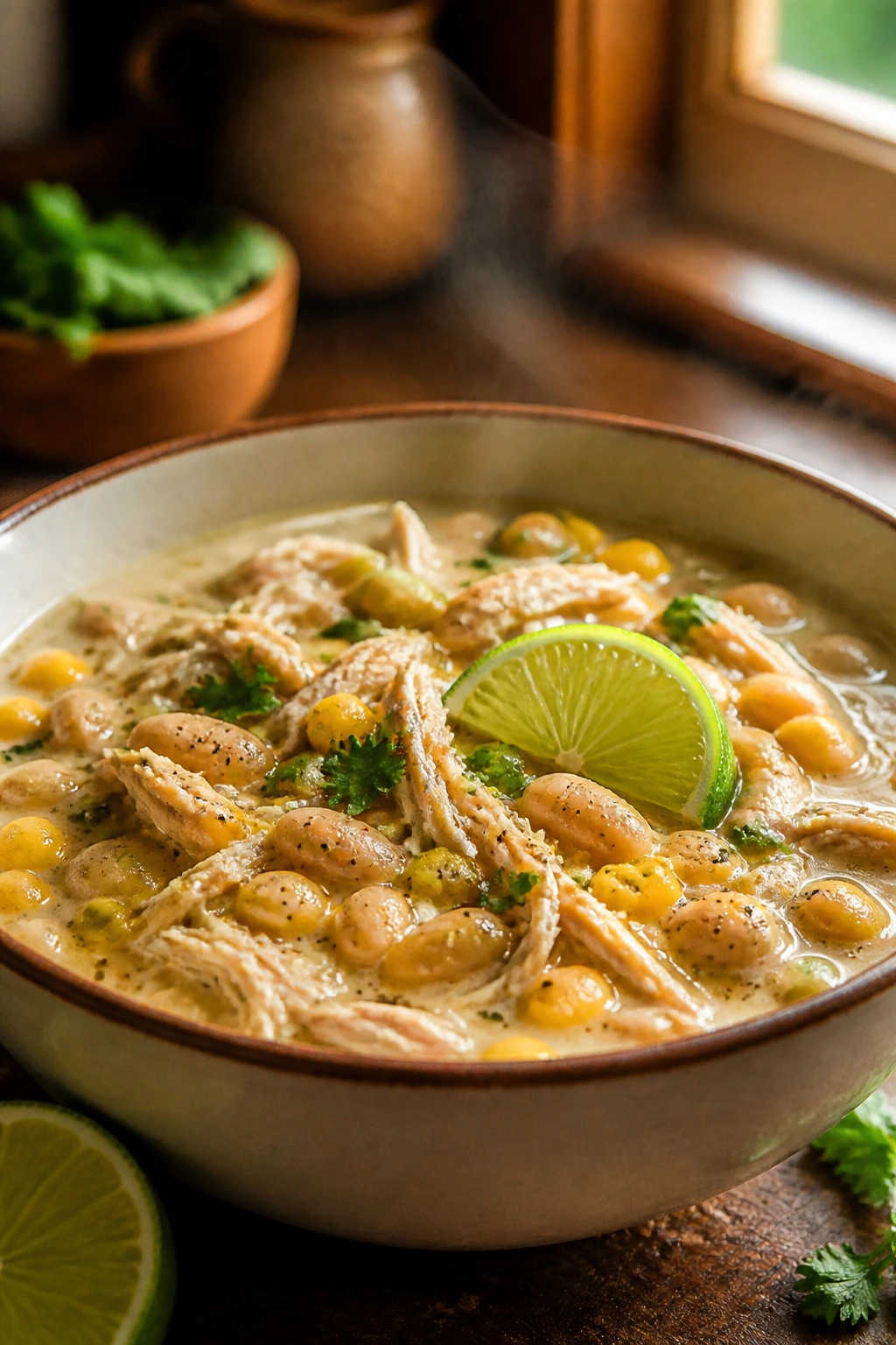 Close-up of creamy white chicken chili in a bowl with lime and corn.