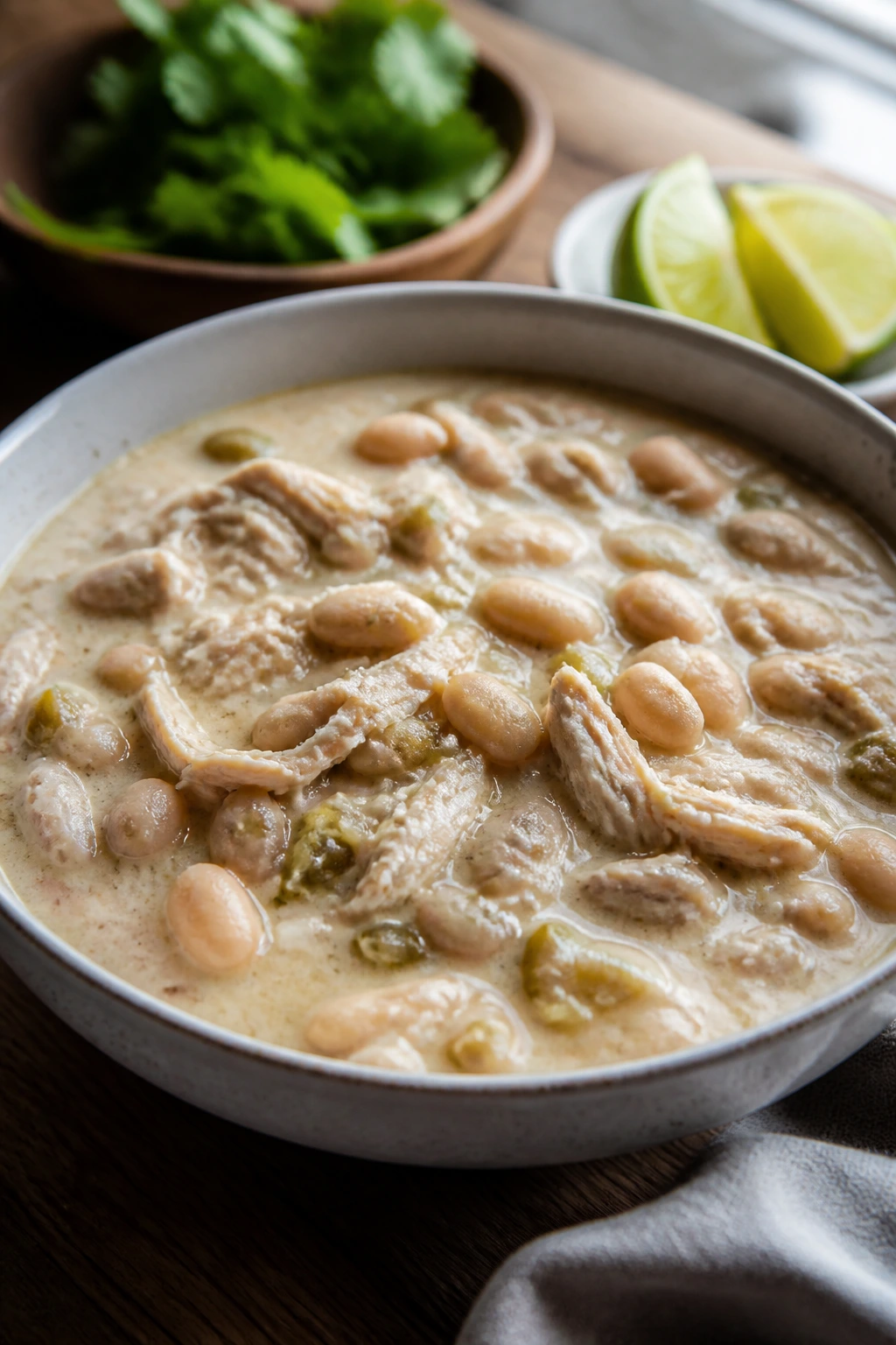 Close-up of white chicken chili in a bowl with beans and chicken.