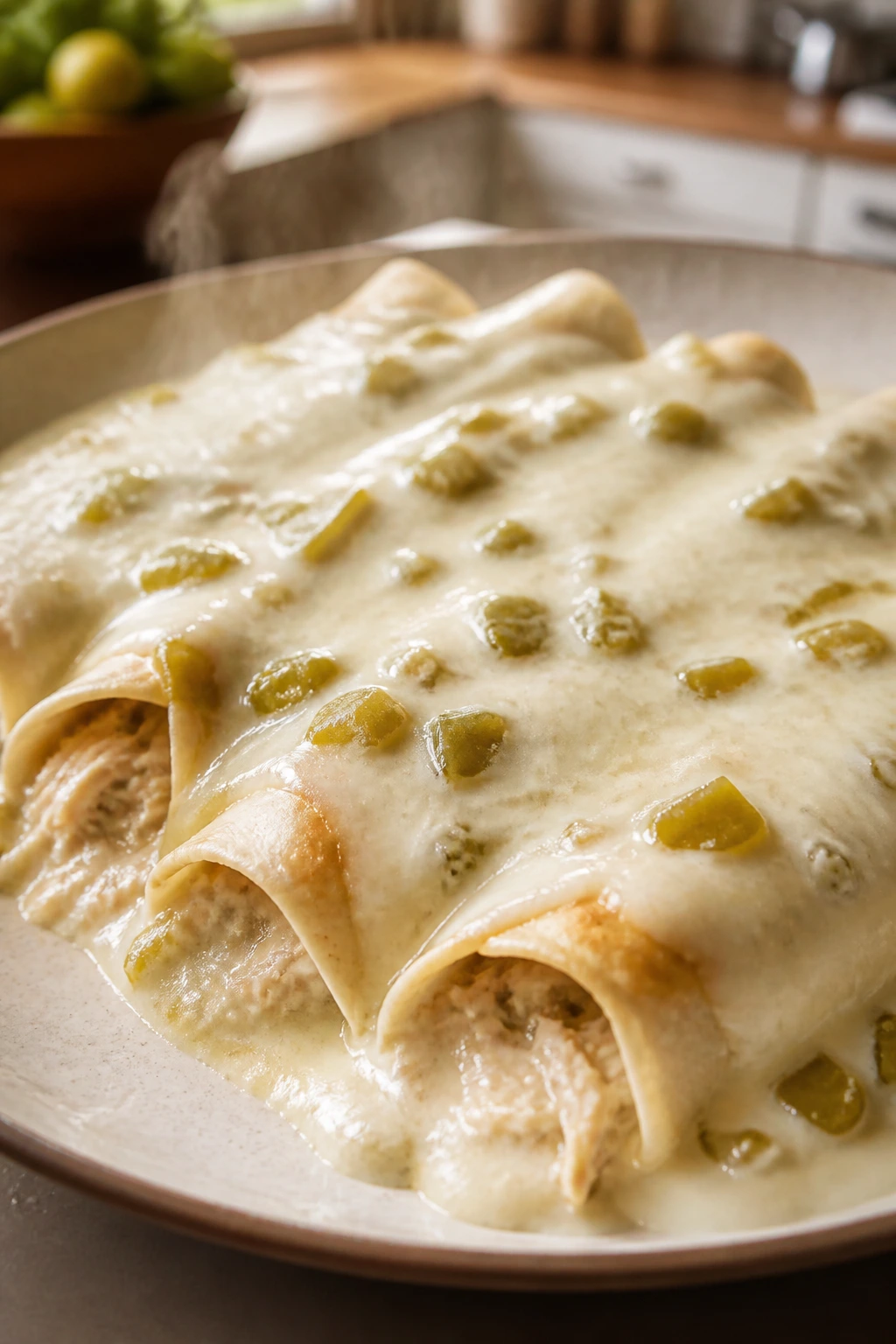 Close-up of White Chicken Enchiladas in sour cream sauce with green chiles