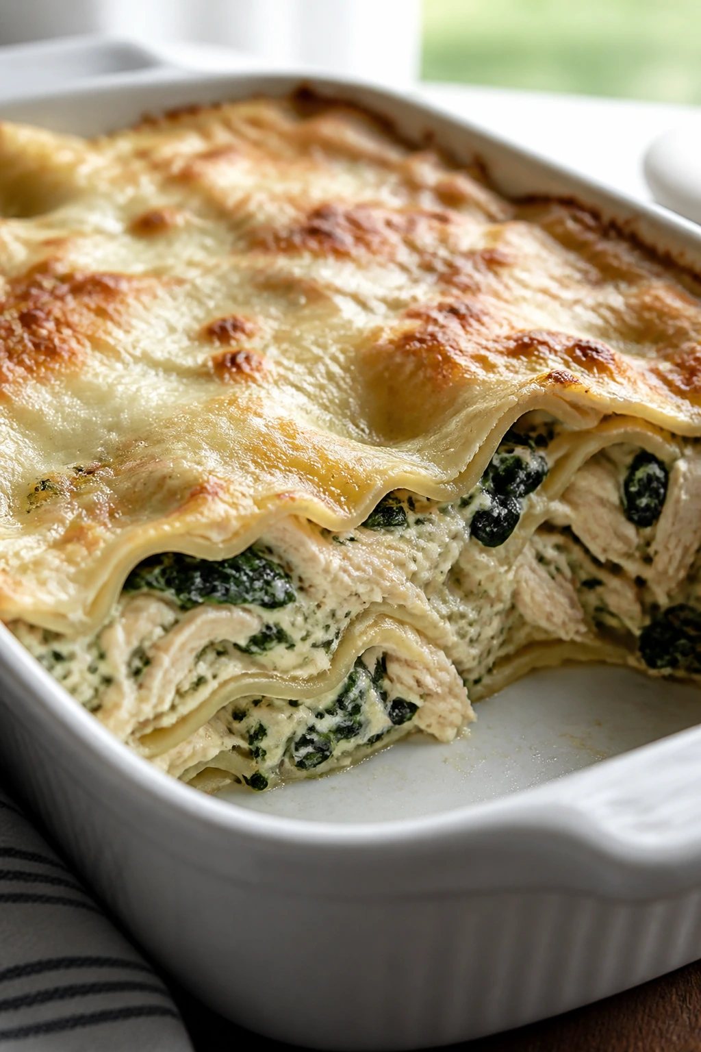 Corner slice of White Chicken Lasagna with Spinach showing layers and cheese