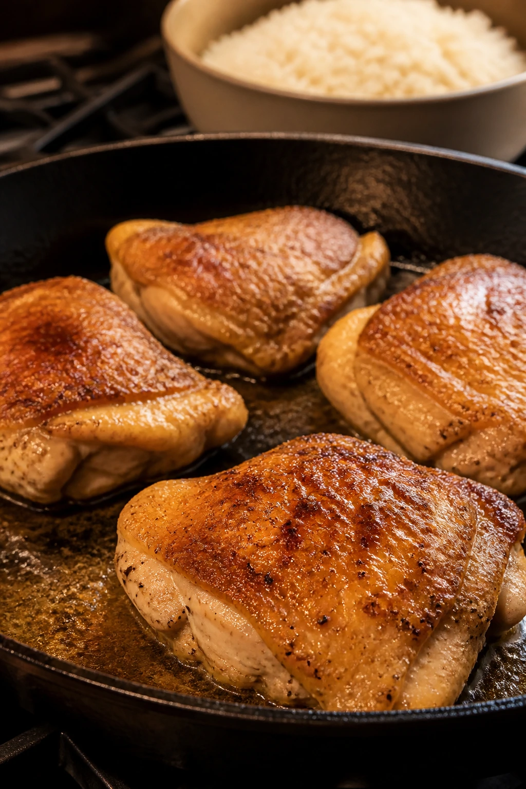 Close-up of chicken thighs browning in skillet illustrating why it works