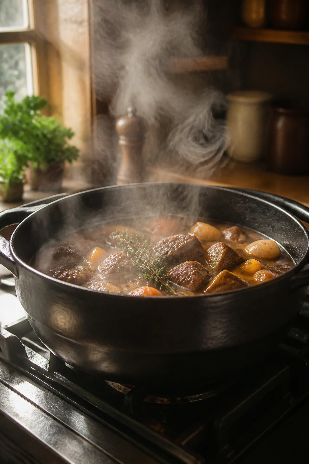 Steaming cast-iron pot on stove in a cozy kitchen