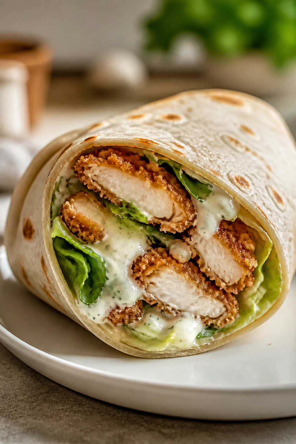 Close-up of a crispy chicken ranch wrap cut open to reveal filling.