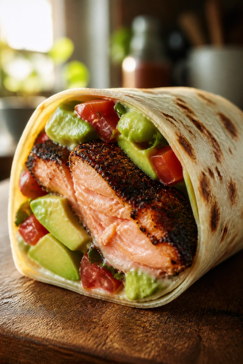 Close-up of a blackened salmon wrap filled with avocado and tomato on a wooden board