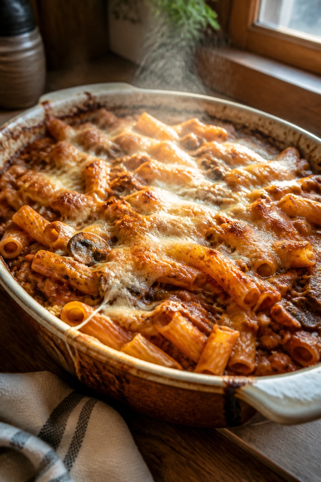 Close-up of bubbling baked ziti with lentils and mushrooms in a hot dish