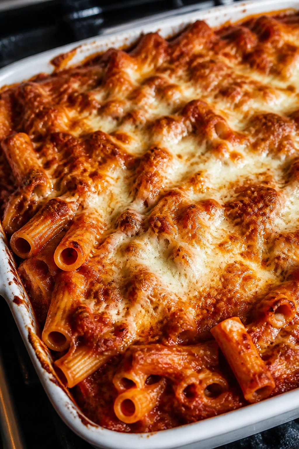 Bubbly baked ziti in a casserole dish with melted cheese