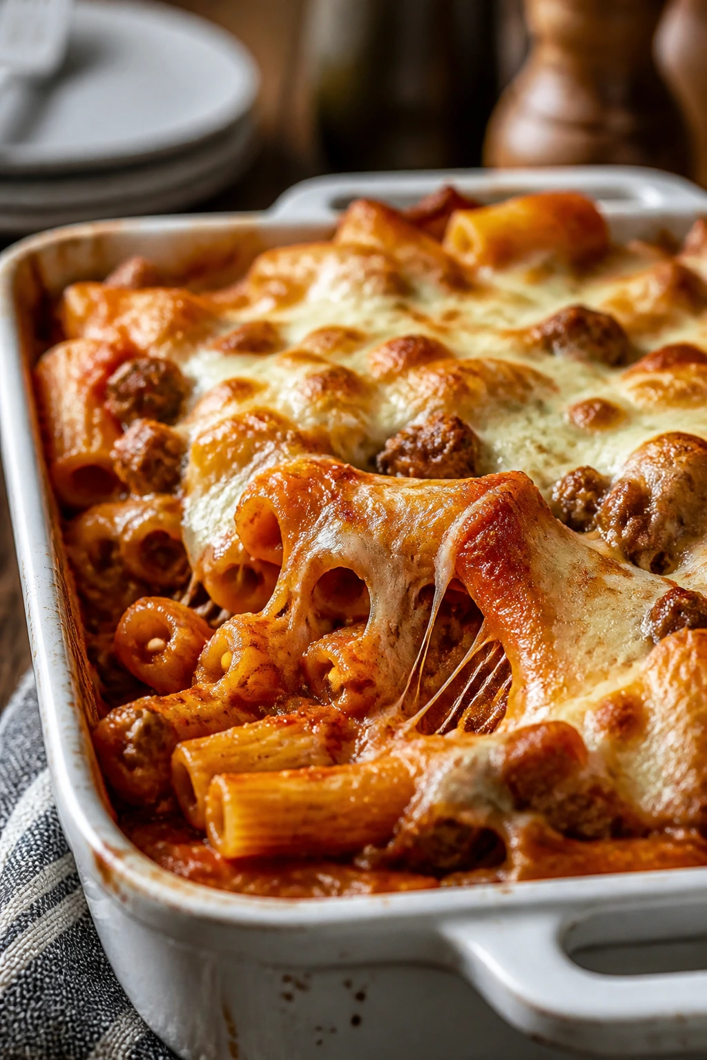 Close-up of bubbling baked ziti with sausage and melted mozzarella.